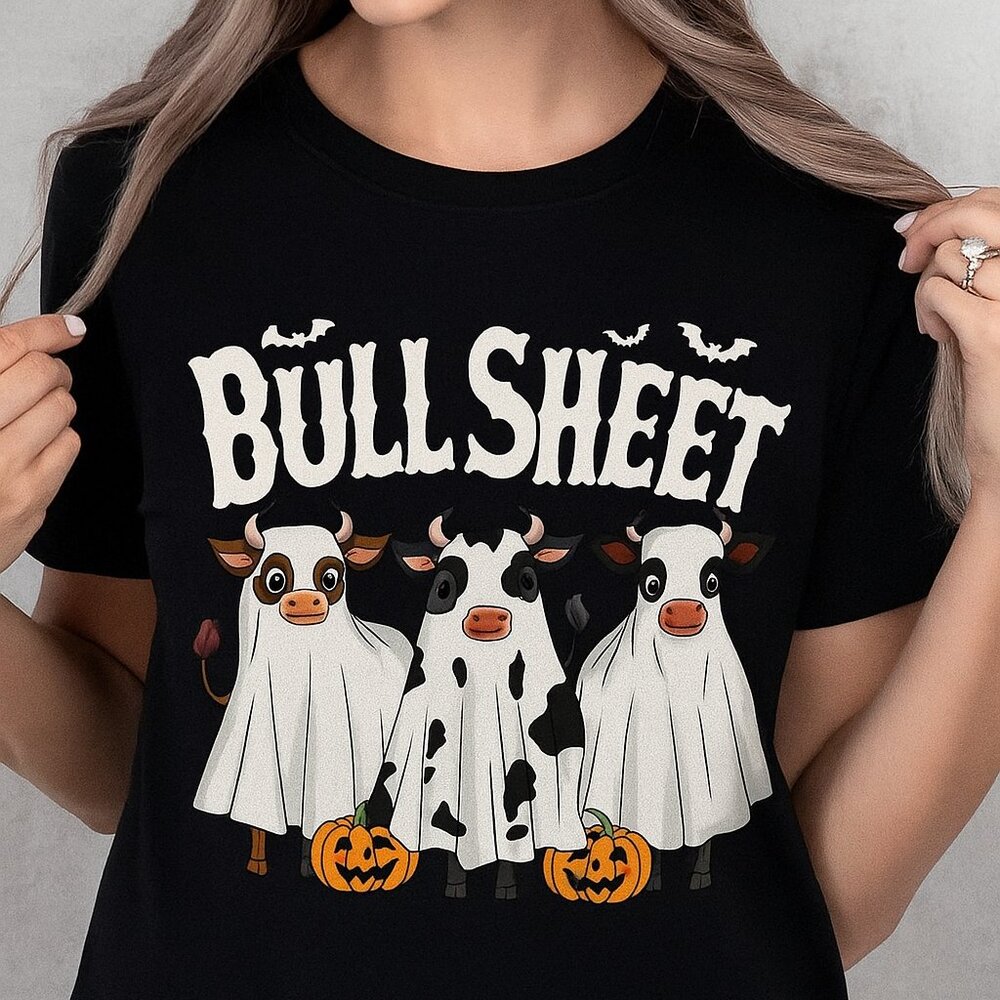 Next Level Crewneck T shirt In Black With Cute "BULL SHEET" Halloween transfer